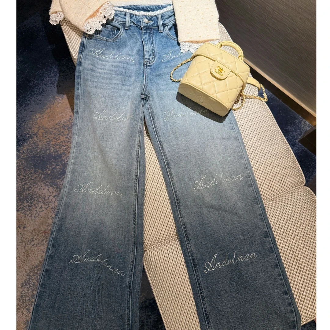 【七柒同款】2025春季新款洋气辣妹腰部拼接时尚渐变色直筒牛仔裤