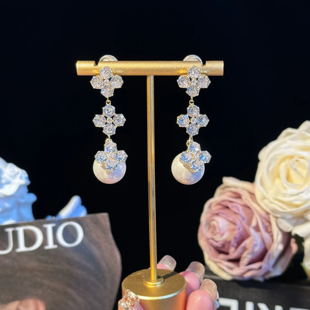 铜合金耳饰 琴忆】超闪锆石长款珠珠耳坠气质轻奢时尚耳钉精致耳环