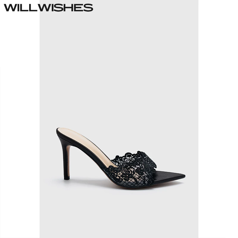 WILLWISHES/王玎女鞋2025夏季性感蕾丝刺绣细高跟露趾一字拖凉鞋