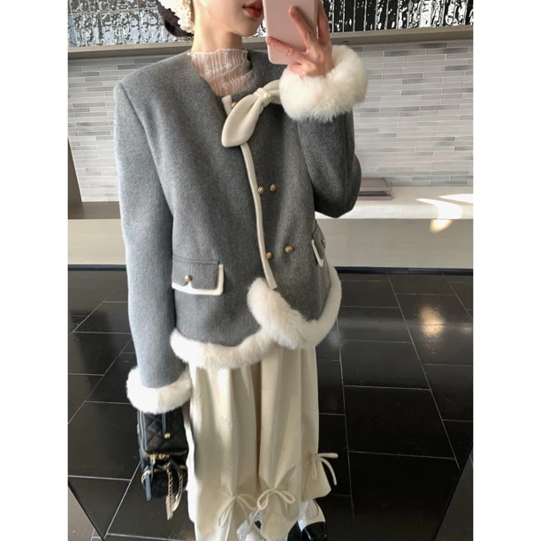 【赵小小yimao】76817 蝴蝶结羽绒服小香风下摆毛毛毛呢白鸭绒外套