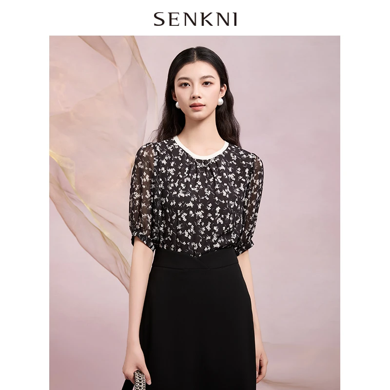 圣可尼气质艺术感印花夏装新款灯笼袖上衣S321101OD