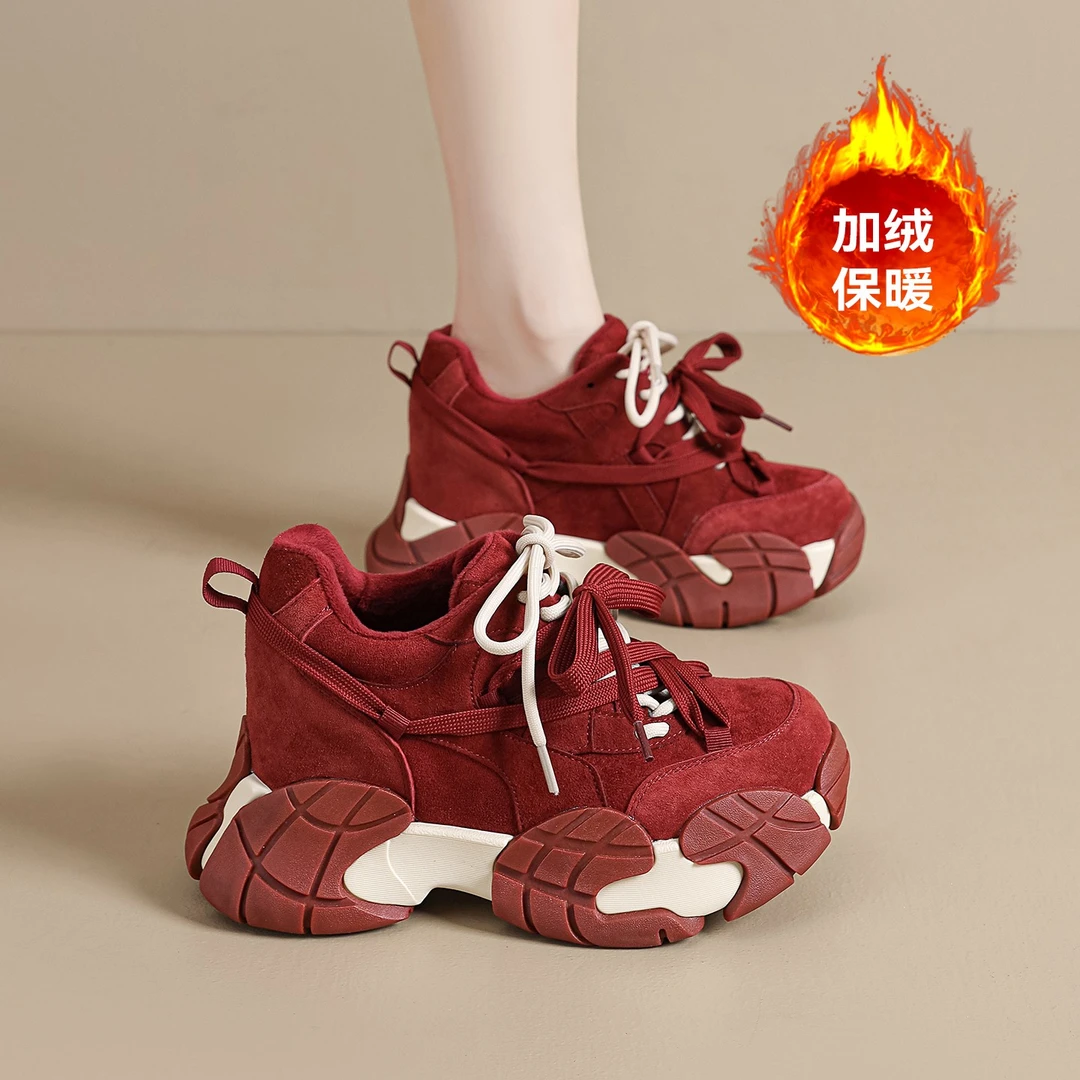 星期六本命年女鞋旗舰店老爹鞋2025冬季加绒保暖红色内增高运动鞋