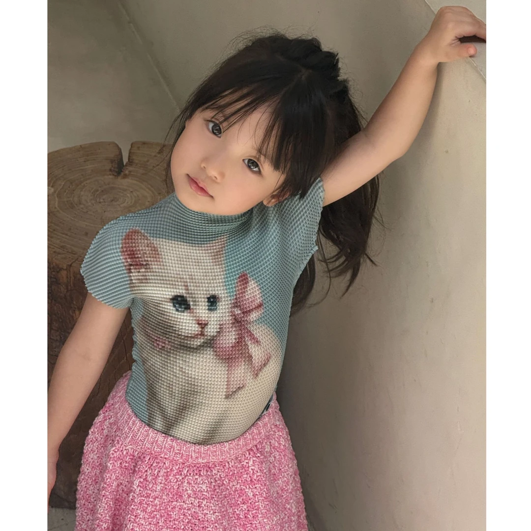 壹妈韩范童装女童时髦套装夏季新款洋气女宝可爱猫咪上衣粉色半裙