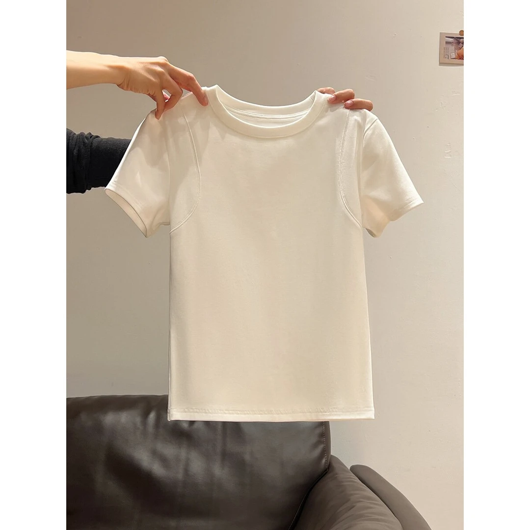 纯色正肩短袖秋夏韩系慵懒风修身显瘦设计感好好搭休闲上衣