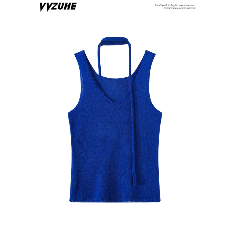 法式辣妹兰色系带挂脖背心女夏季修身针织时尚显身材小吊带上衣服