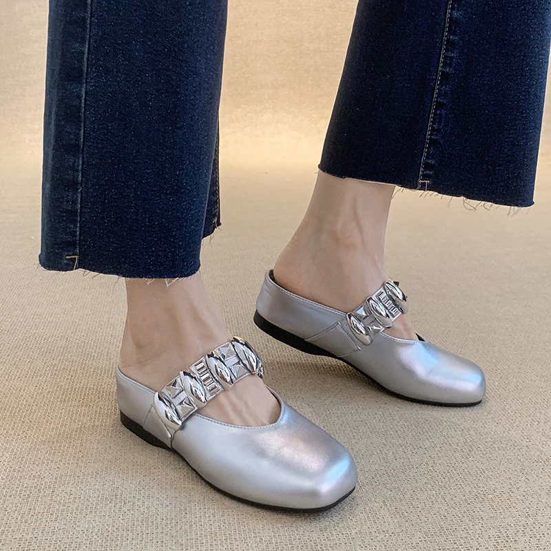 休闲韩版圆头法式方百搭2025新款包鞋外穿内增高金属半拖方头拖鞋