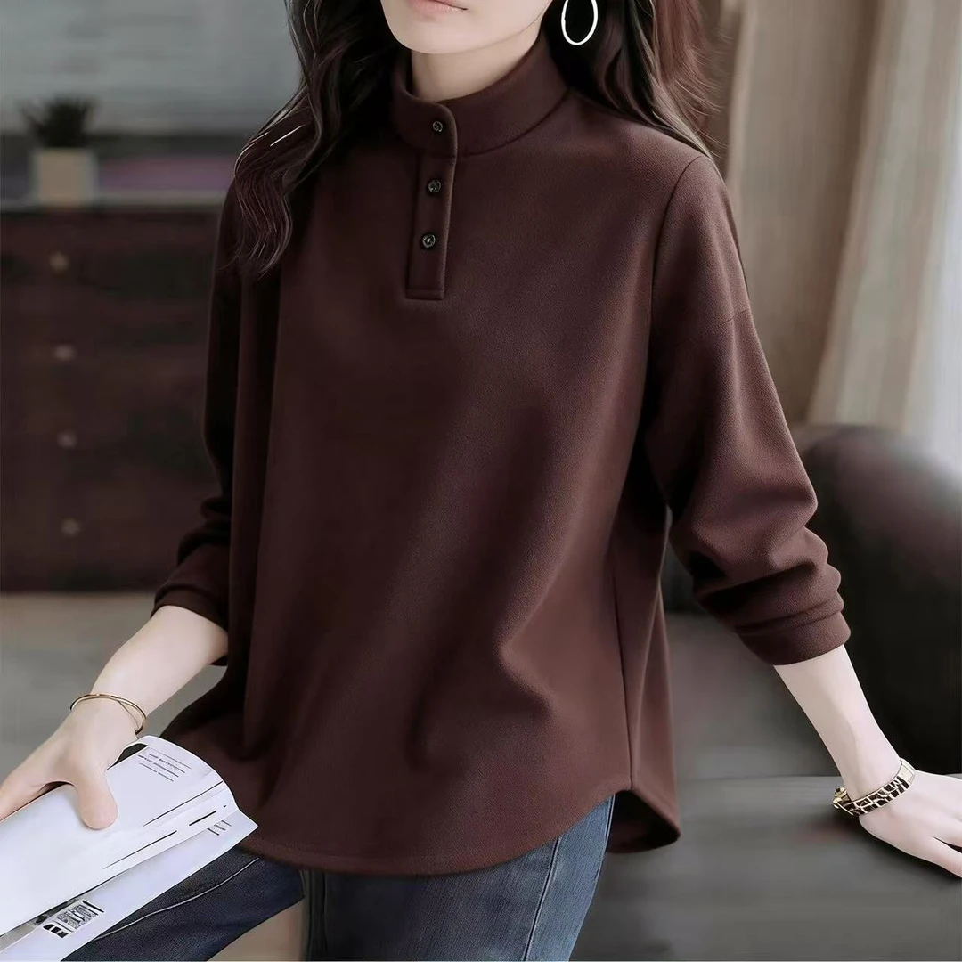 秋冬半高领打底衫女2025新款纽扣宽松显瘦洋气保暖内搭上衣ins潮