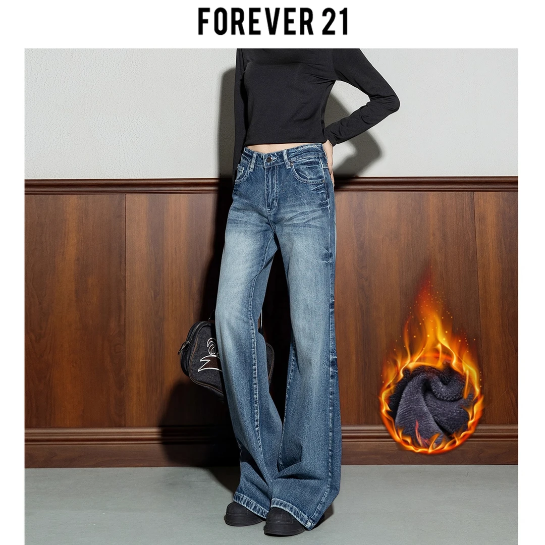Forever 21复古重工艺猫须水洗加绒牛仔裤女拖地宽松直筒微喇裤子