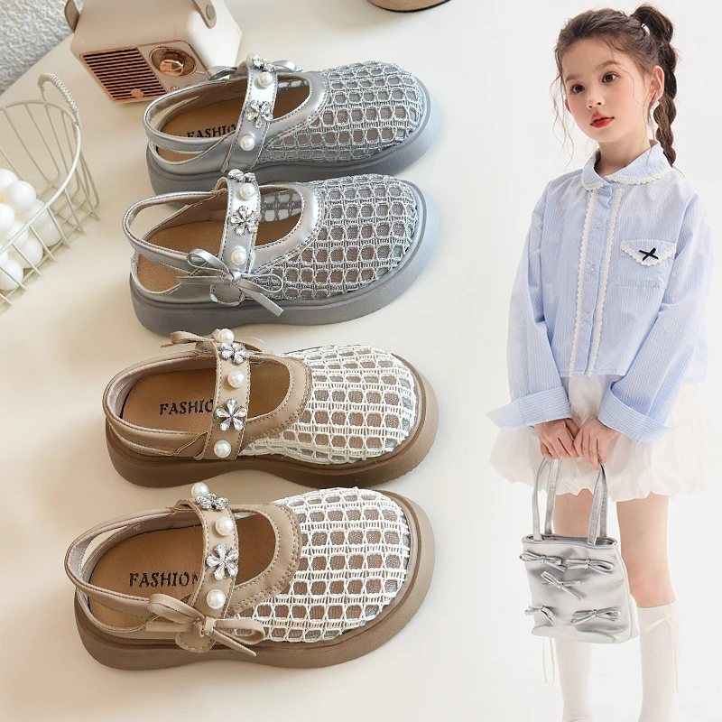 【小笼包】女童鞋夏季2025新款包头网面镂空凉鞋法式蝴蝶结编织凉鞋