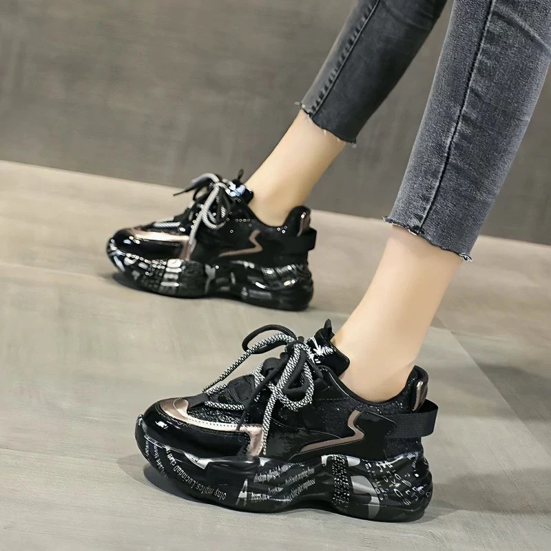 【先不要拍】时尚网红高帮老爹鞋女2023新款潮软底厚底增高亮片