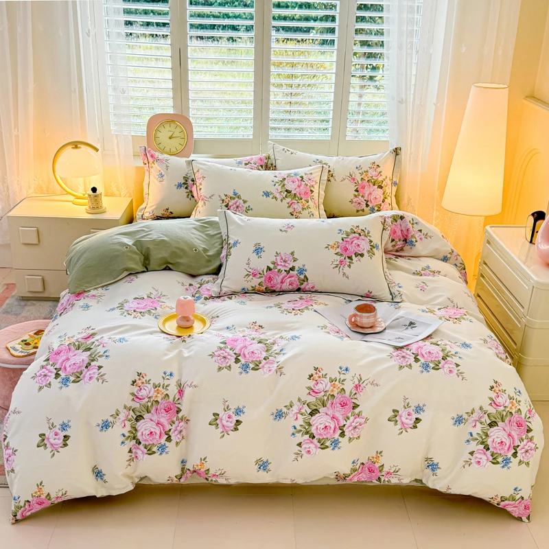 纯棉四件套全棉斜纹印花100床单被套小清新田园床上用品4件可爱
