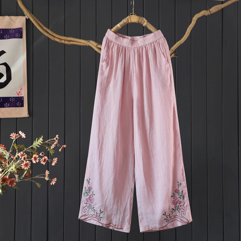 文艺优雅阔腿裤女长裤2025夏季新中式飘逸凉爽100支细苎麻刺茶裤