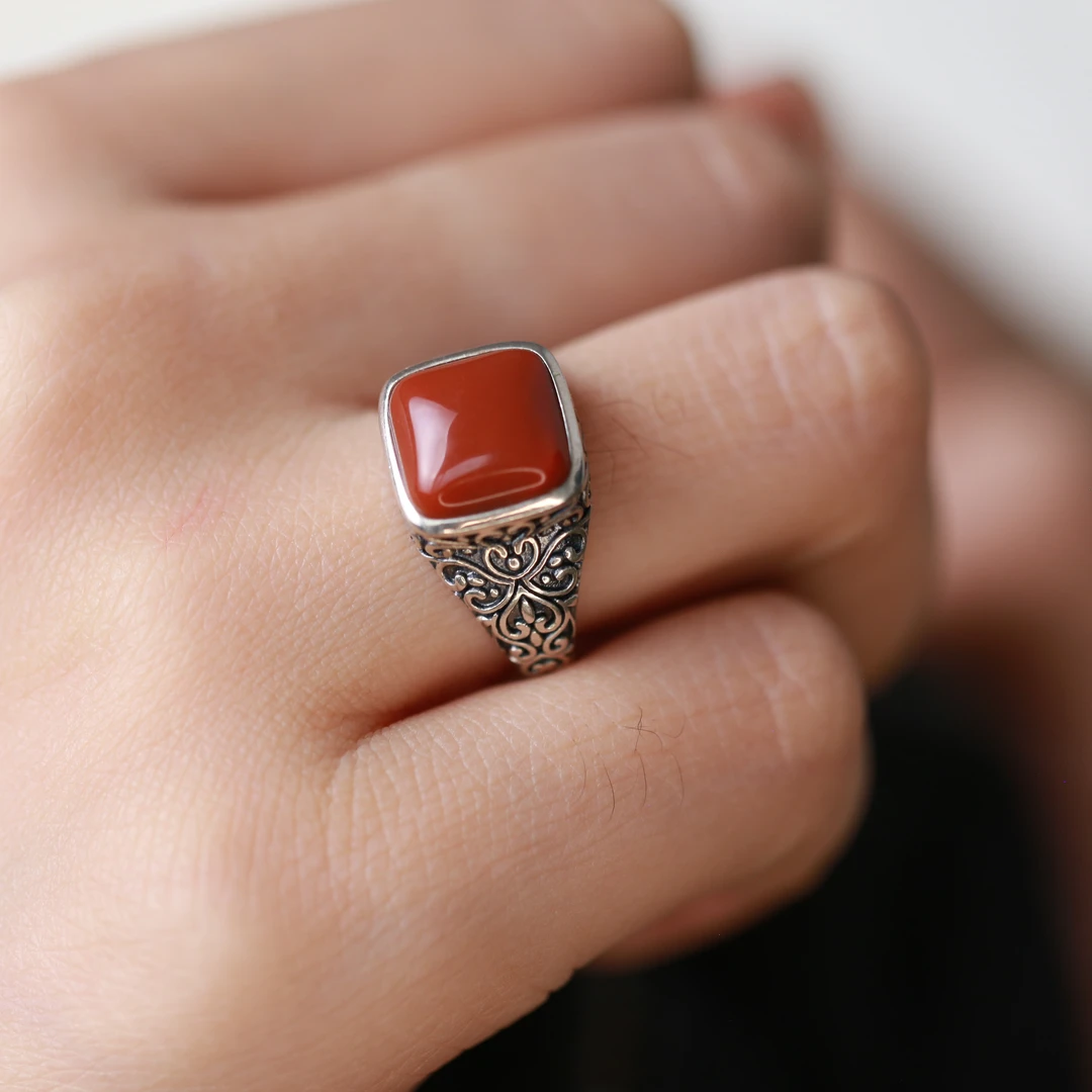 925银戒指 民族风楠楠花纹錾刻红色四款戒指复古