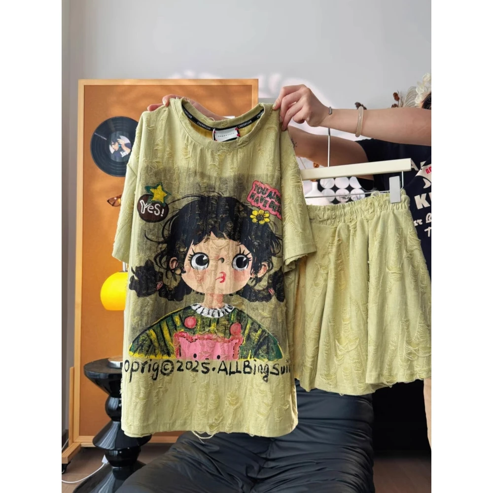 可爱趣味卡通动漫少女印花短袖睡衣女夏季宽松大码短裤套装可外穿