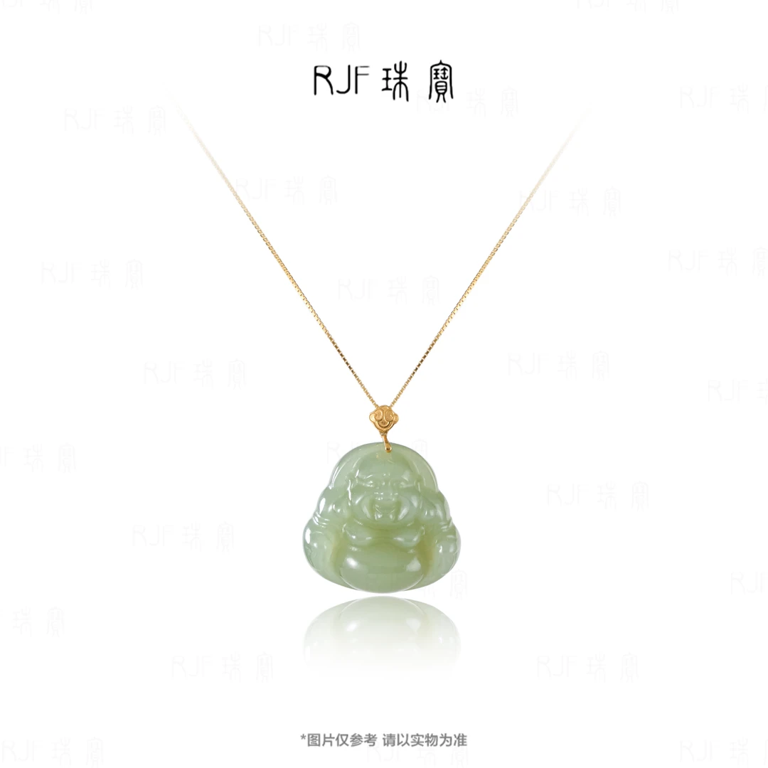 RJF【舒瑾】金镶嵌和田玉晴水厚肚佛公双面雕刻气质女款挂坠
