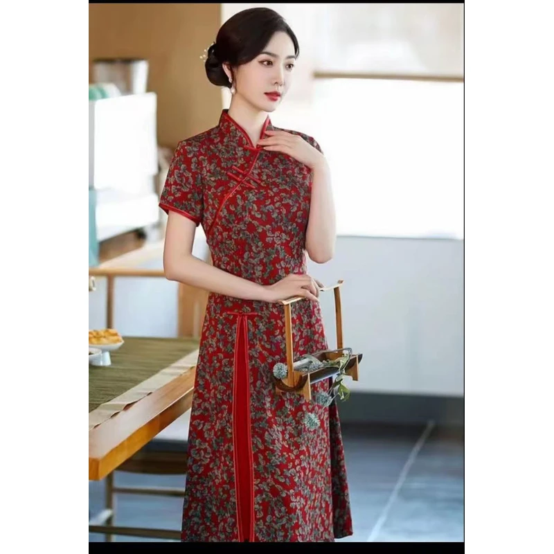 358 妈妈日常改良旗袍连衣裙女中老年人夏季新款短袖碎花裙中长款