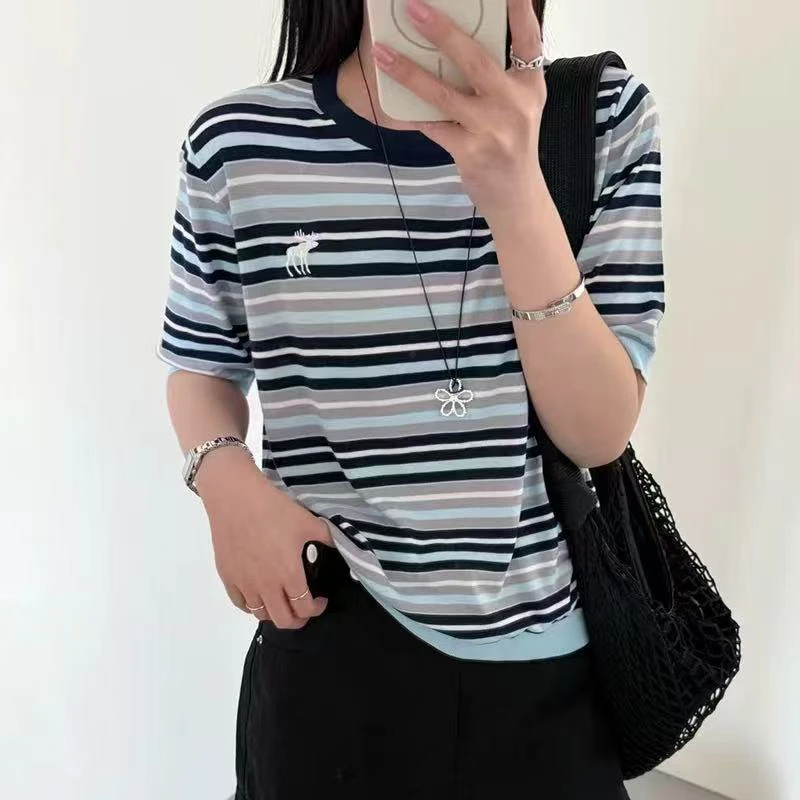新疆包邮【Z87】条纹刺绣针织短袖-衣长58