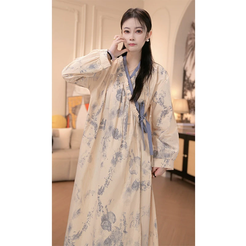 新中式国风纯棉纱布睡裙女新款宽松慵懒感复古家居长裙睡衣