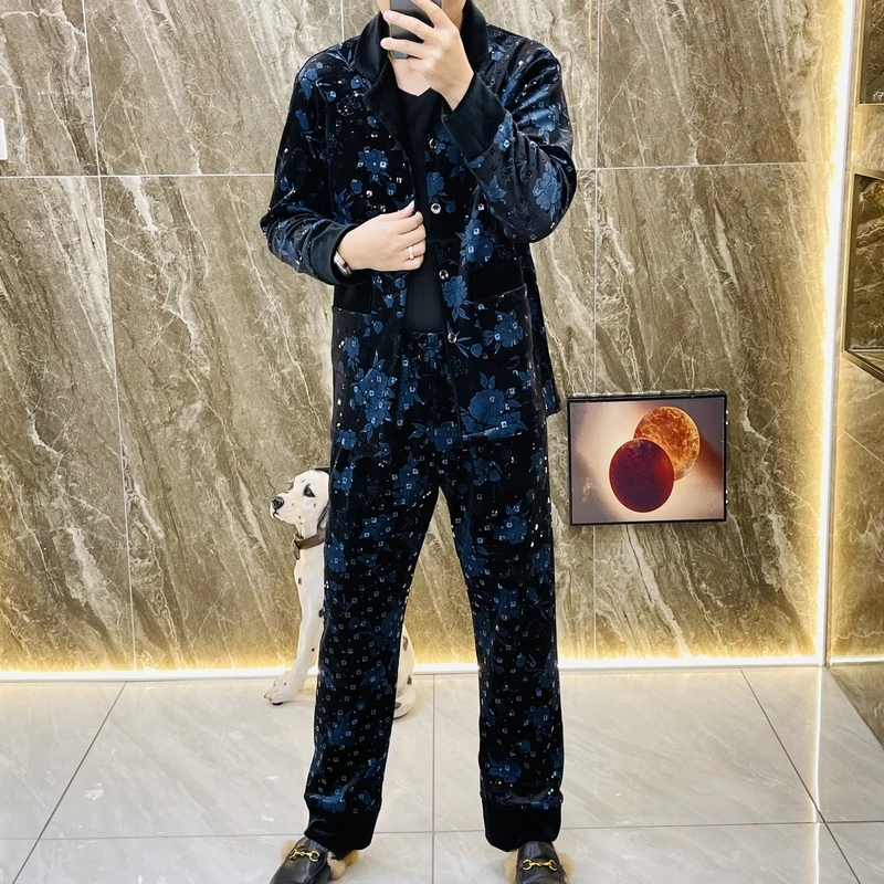 【1373加绒】冬季新款丝绒休闲男士家居服睡衣套装可外穿长袖烫金