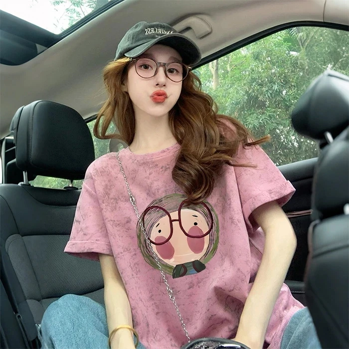 夏季设计感小众2025新款晕染短袖t恤女港味复古休闲百搭正肩上衣
