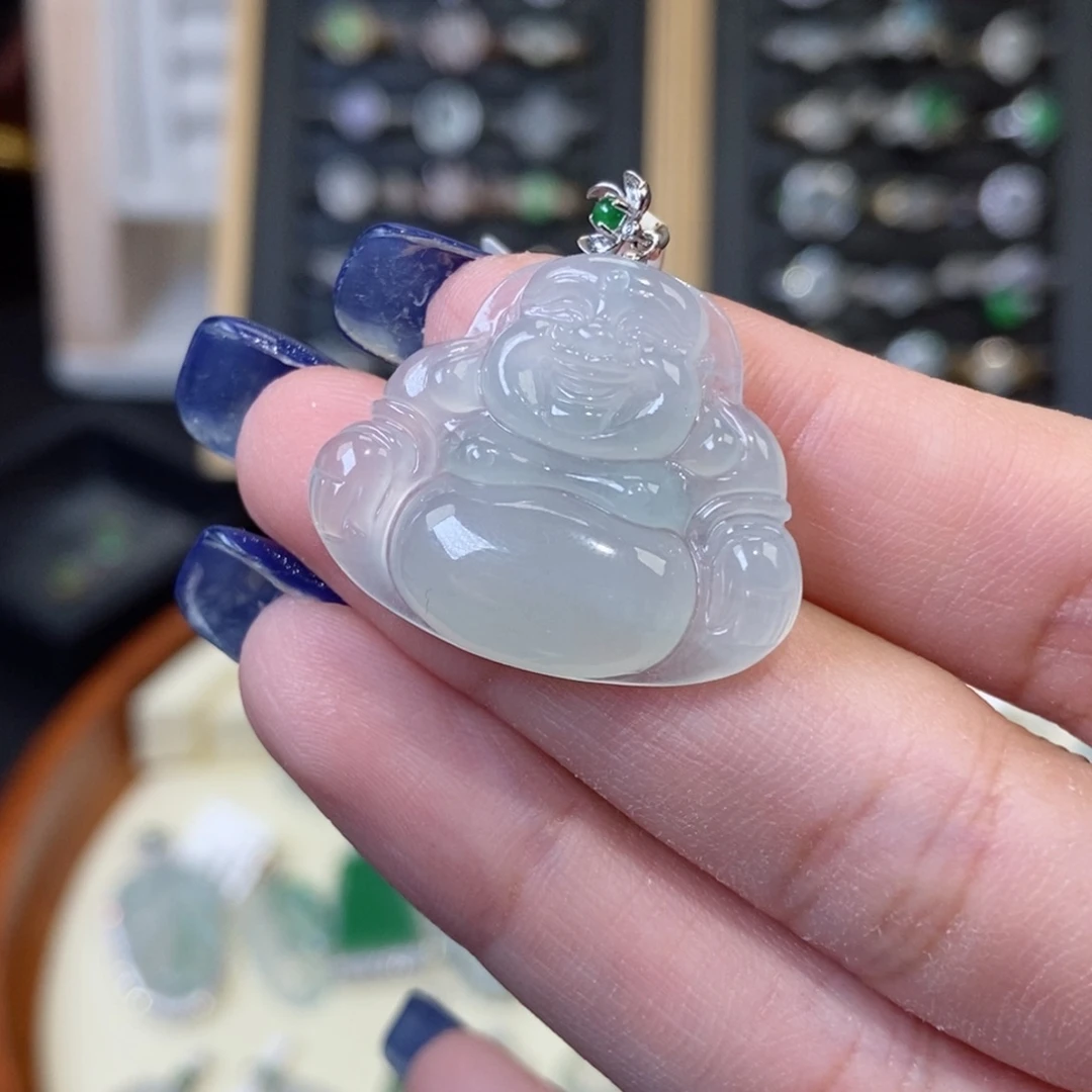 翡翠18K金镶嵌颈饰纯天然缅甸翡翠A货佛公