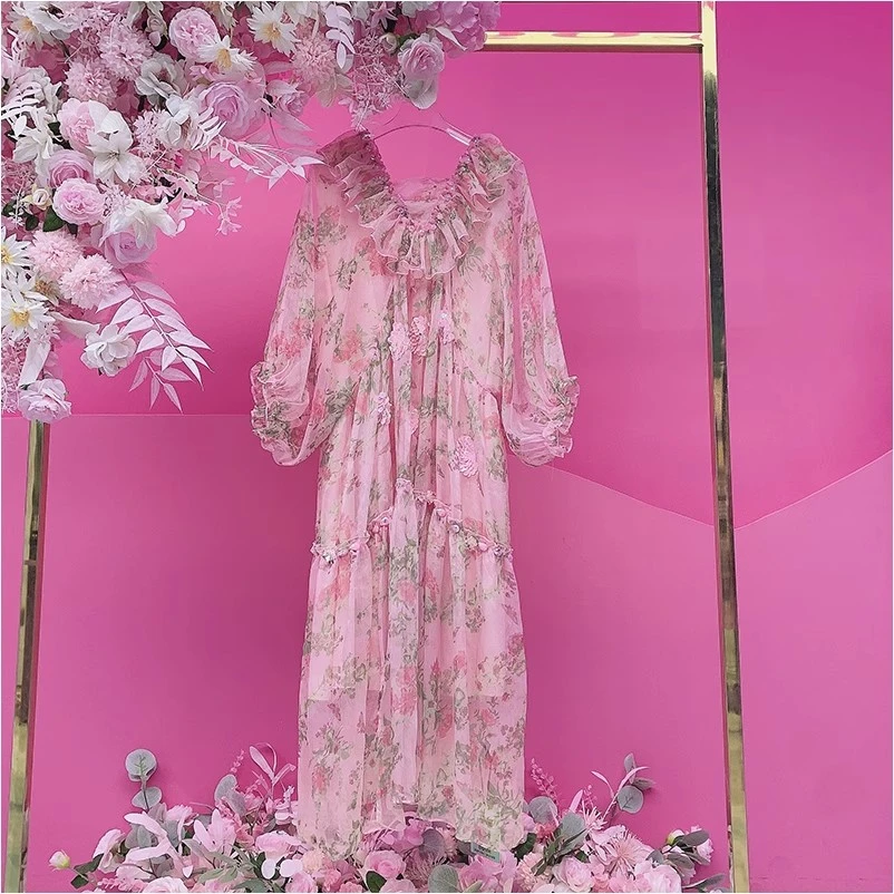 A560欧美设计师2025早春新款重工钉钻花色小清新飘逸长款连衣裙女