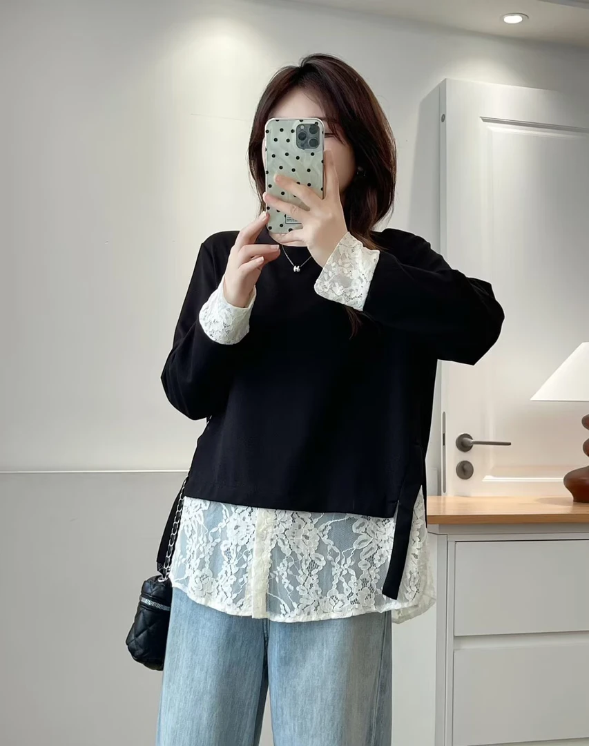 大码秋季拼接圆领百搭上衣长袖套头常规款卫衣2563