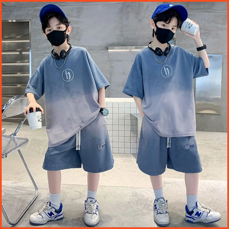 2025新款男童夏装套装男孩短裤短袖T恤夏季运动中大童渐变两件套
