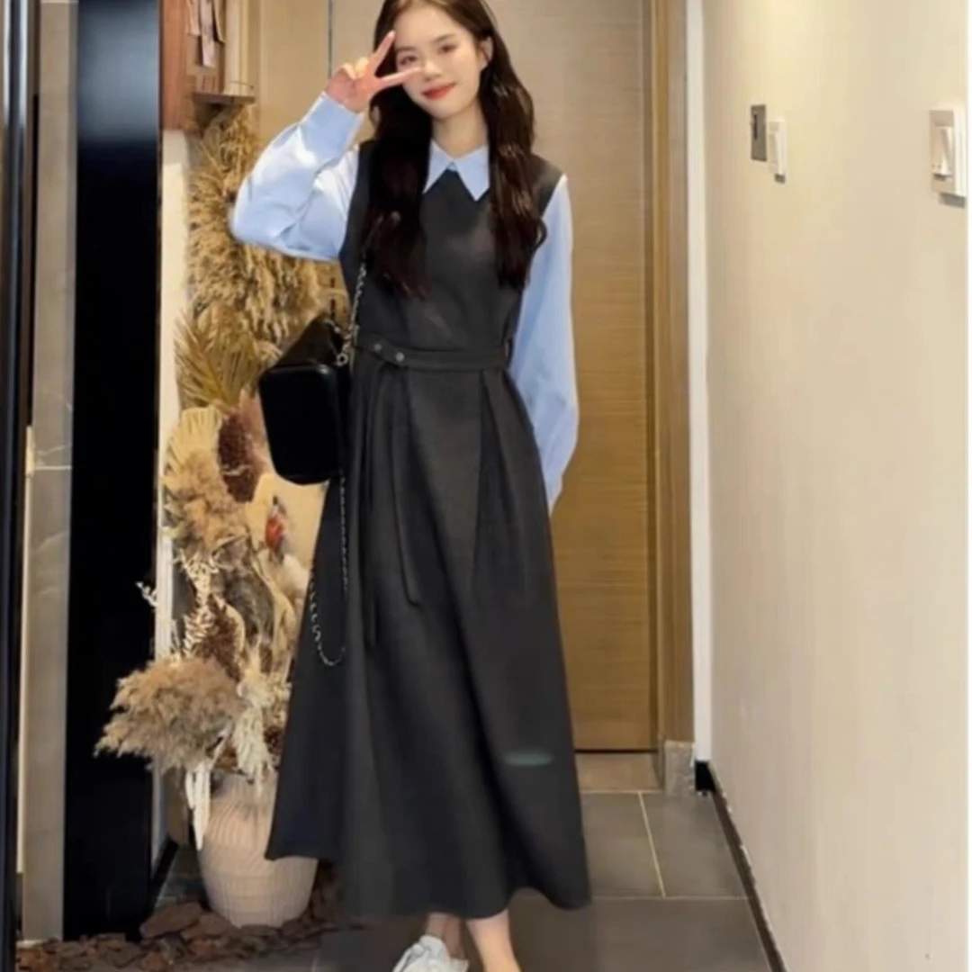 韩系高级感假两件显瘦收腰翻领中长A字连衣裙女款