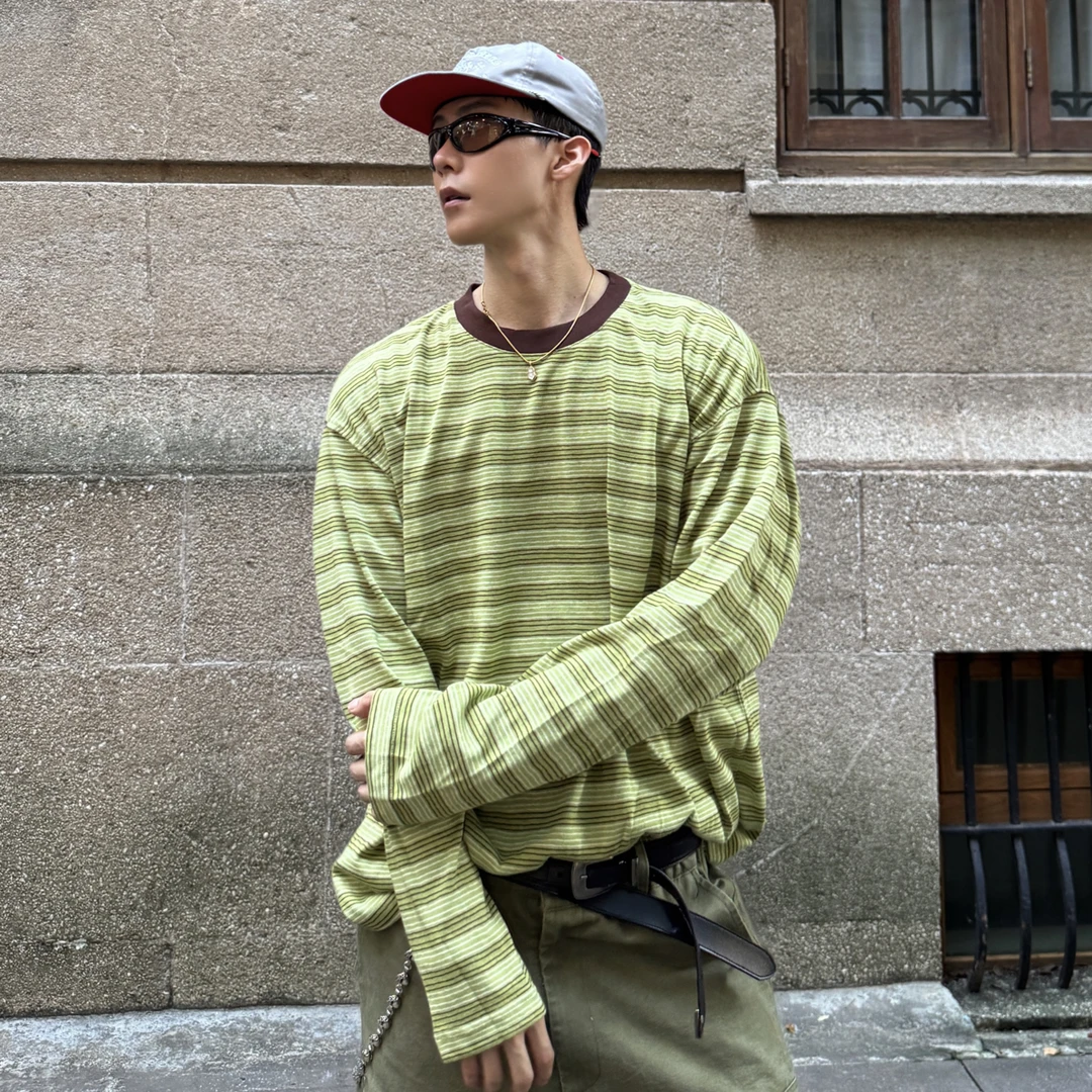 【亲肤抗皱】EWEAR撞色横条纹长袖t恤男慵懒宽松圆领打底衫秋冬