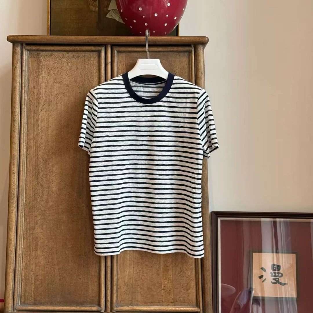 MYL 2025年夏季新款棉混纺藏青条纹针织衫T恤感短袖休闲百搭T恤