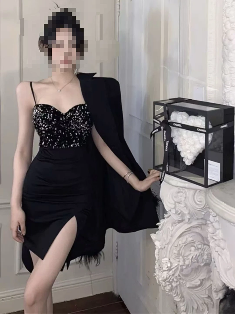 大码名媛性感小礼服高端轻奢复古法式亮片拼接纯欲吊带连衣裙3382