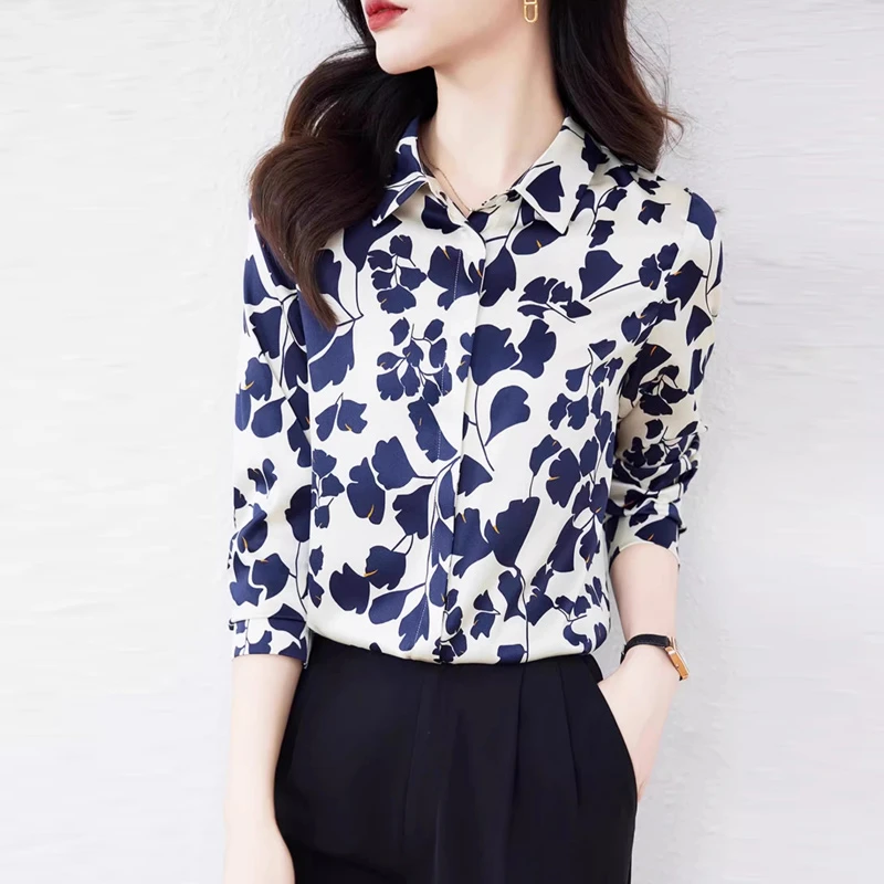 杭州重磅真丝衬衫女长袖2025春季新款时尚大牌印花小衫桑蚕丝上衣