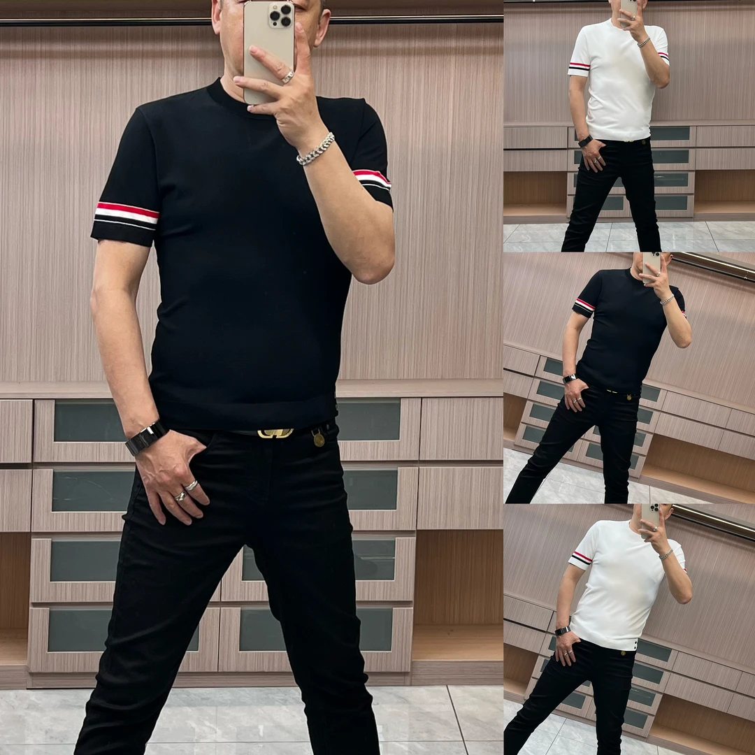 今晨优品-夏季简约商务伊力特针织弹力圆领条纹短袖T恤098