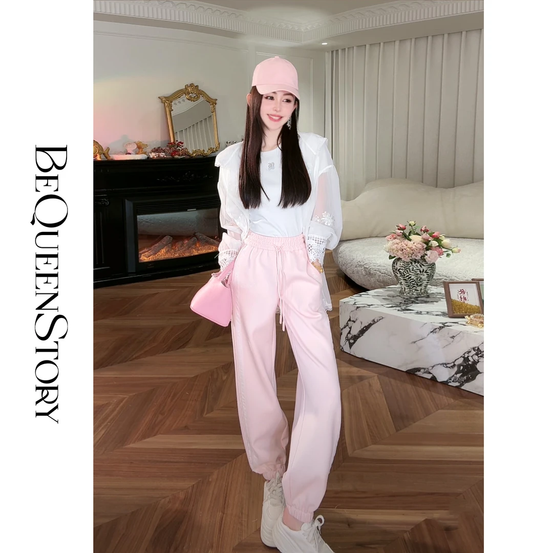 BeQueenStory【城市足迹】拼接蕾丝刺绣显瘦休闲萝卜裤2025新款