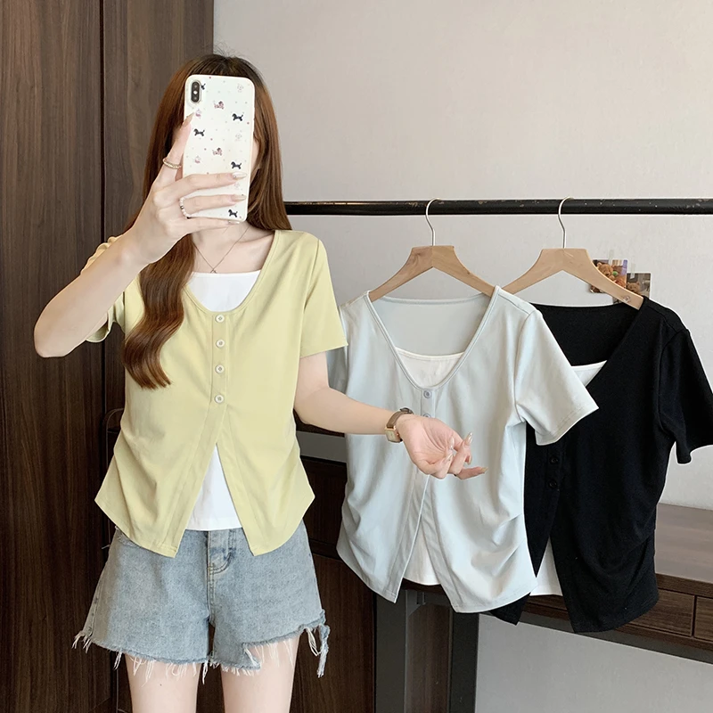 大码韩版假两件短袖t恤女夏季微胖mm遮肉显瘦修身设计感时尚上衣