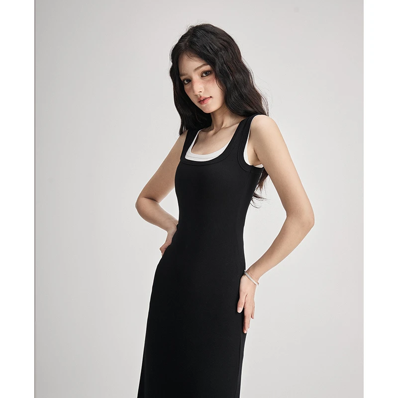 艾格假两件U领针织背心裙女2025年夏季新款A摆螺纹长款无袖连衣裙