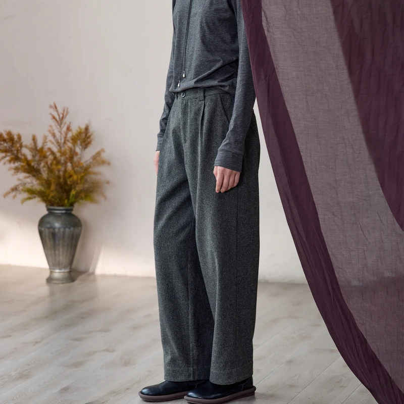 qtu水洗羊毛呢厚款烟管裤女秋冬新灰色慵懒松弛好看休闲裤 云灰迹