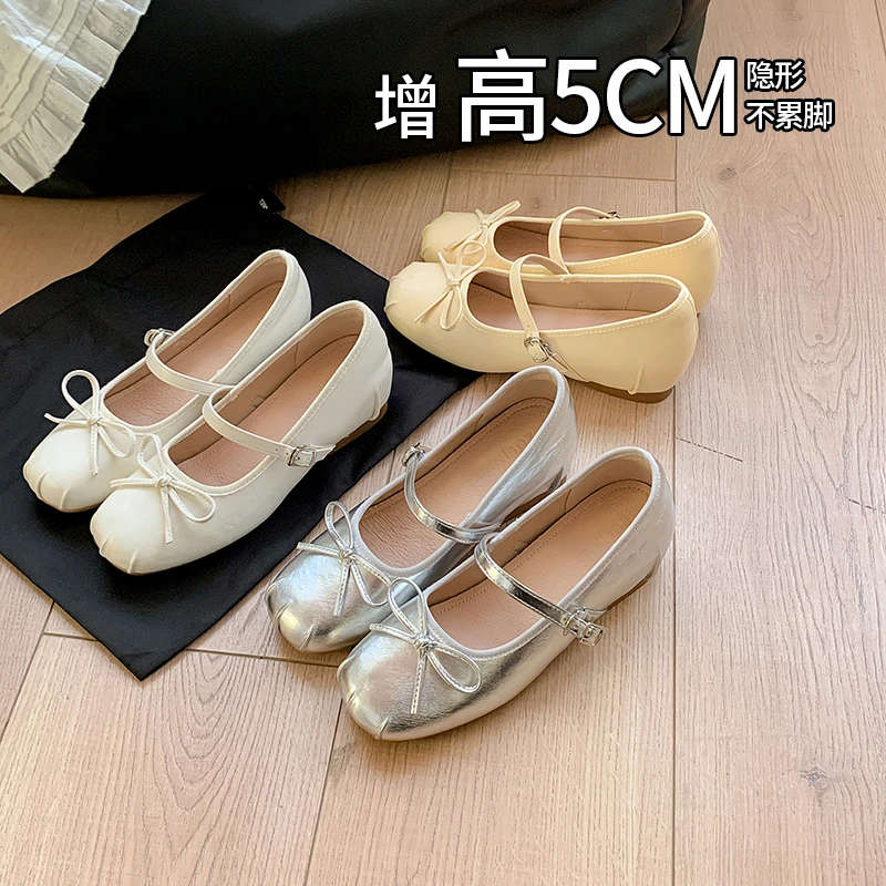 5cm内增高~单鞋女2025夏季新款浅口玛丽珍鞋女法式蝴蝶结芭蕾舞鞋