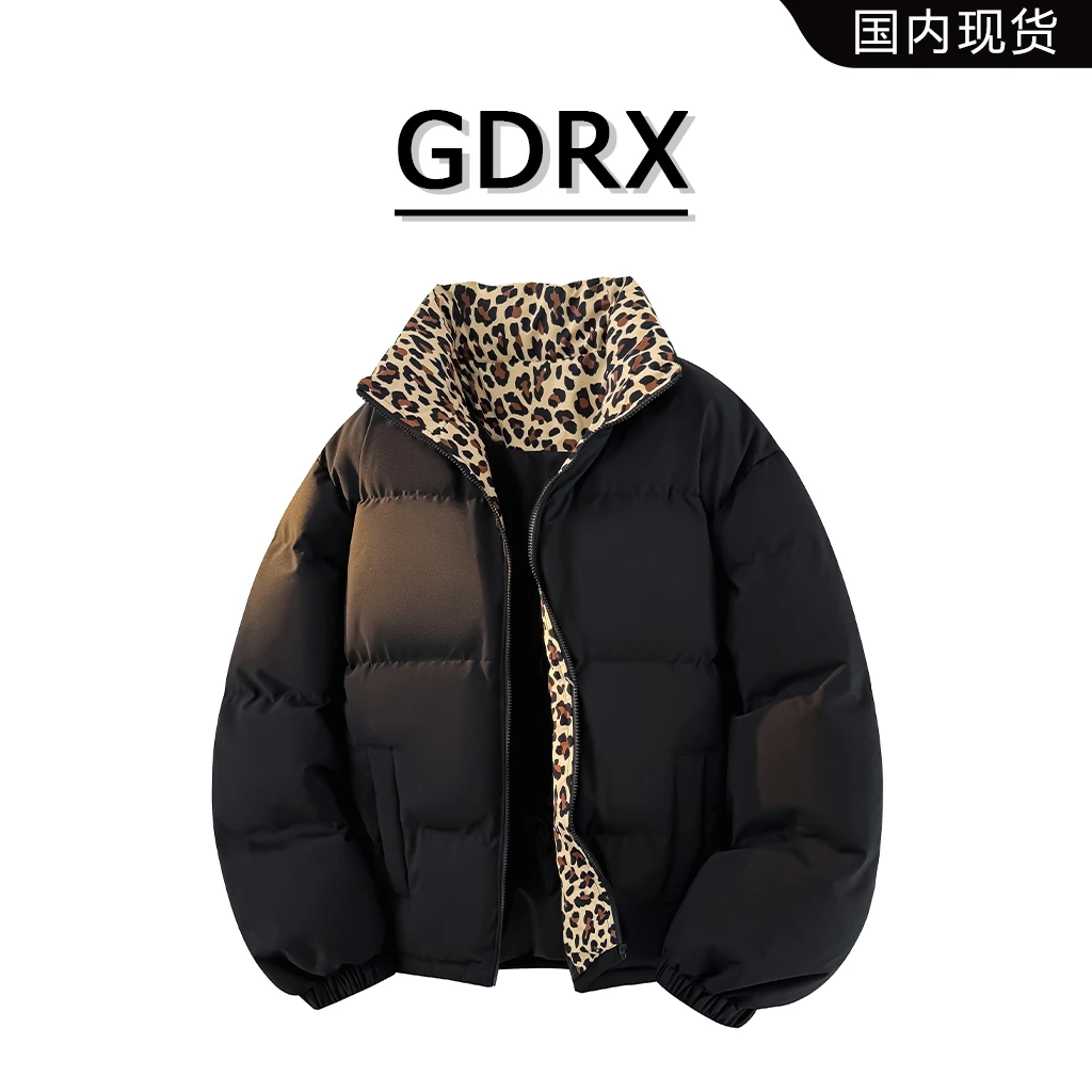 GDRX美潮轻奢豹纹拼接棉服冬季新款撞色时尚外套保暖休闲面包服男