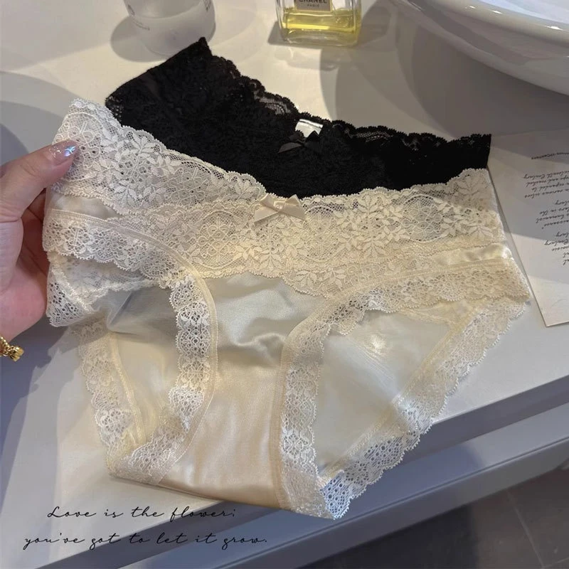 禁欲日系少女～缎面薄款舒适女士法式展会性感蕾丝低腰无痕内裤女