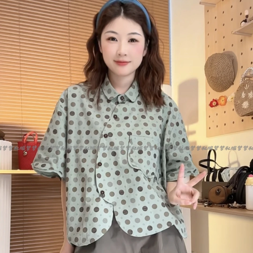 PQ“抹茶啵啵”夏季新款小清新绿色波点百搭小众不规则短袖衬衫