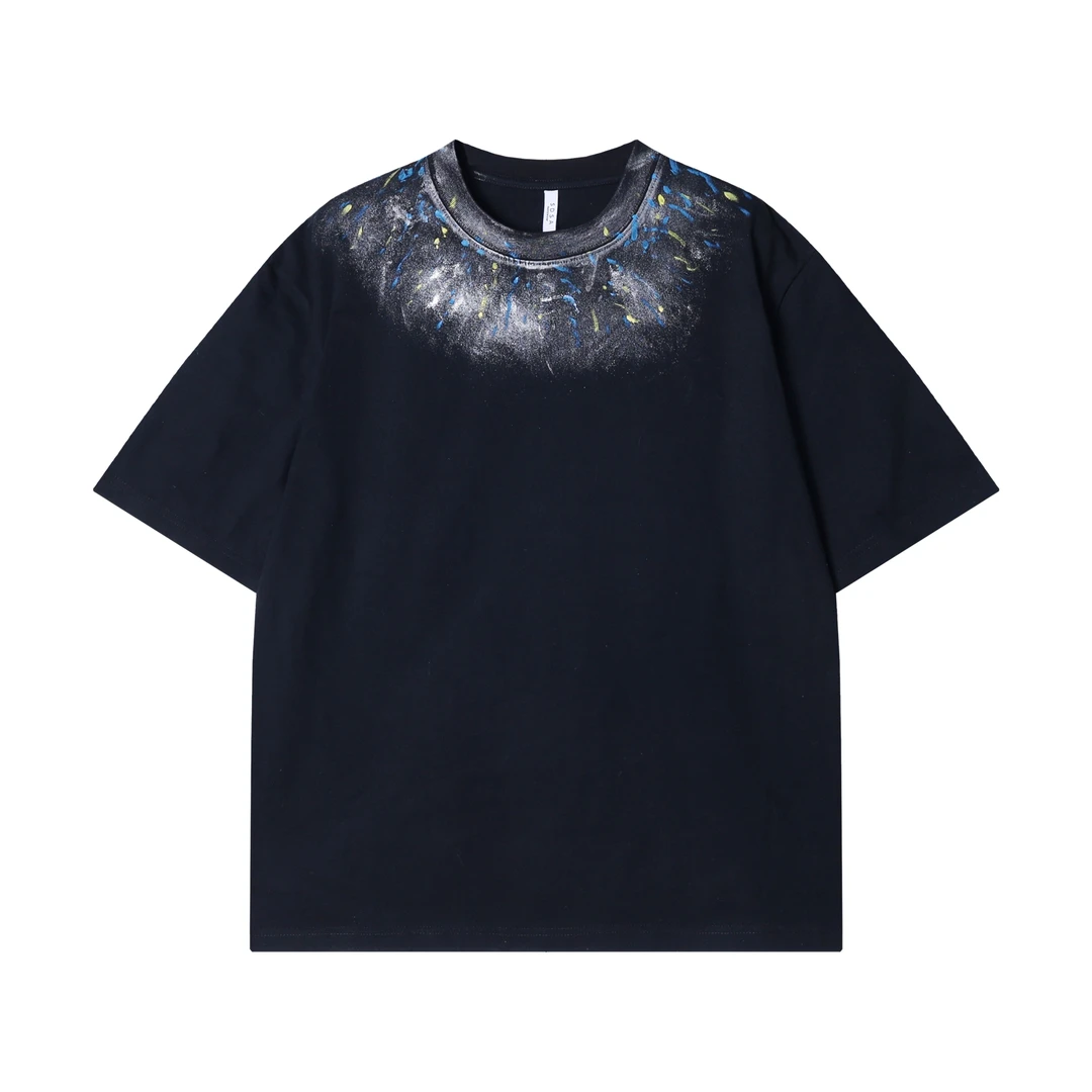 春夏新款时尚个性美式泼墨印花圆领半袖T恤男女同款潮流百搭上衣