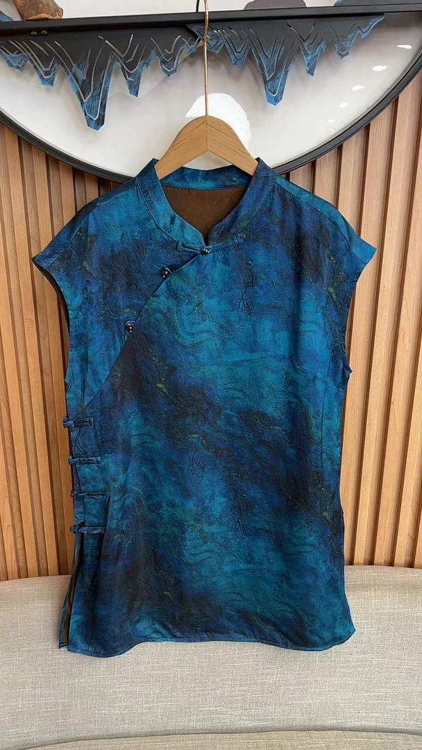 无袖薄款长款花色女士老料中长款提花上衣唐装时尚5339