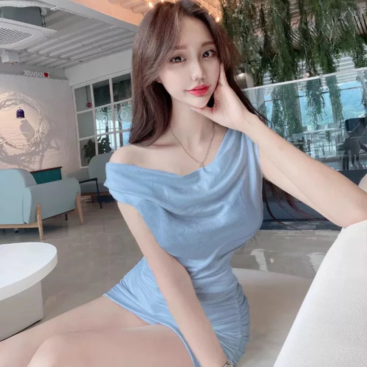 【婉婉推荐】荡领褶皱连衣裙背心斜肩无袖短裙收腰修身显瘦包臀裙