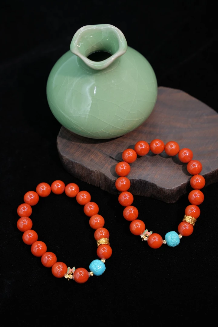 【元宝珠宝】11+南红保山锦红绿松石18k手串多样性发一件YB33070906