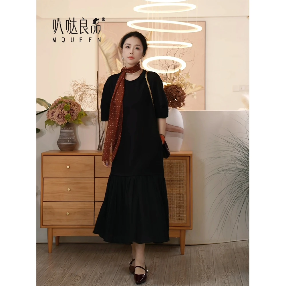 【叭哒不惑】遇见 显瘦气质连衣裙春夏拼接圆领压褶裙子