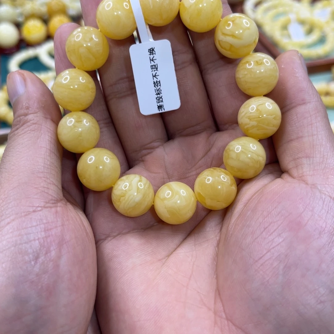 手链琥珀未镶嵌蜜蜡15mm圆珠虎皮