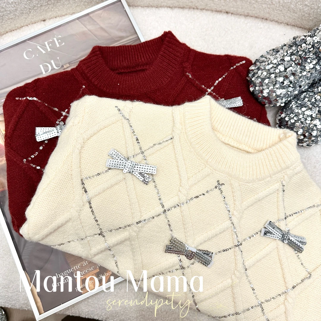 【Mt studio】K【新款】亮片圆领蝴蝶结毛衣女童冬季可爱百搭韩版