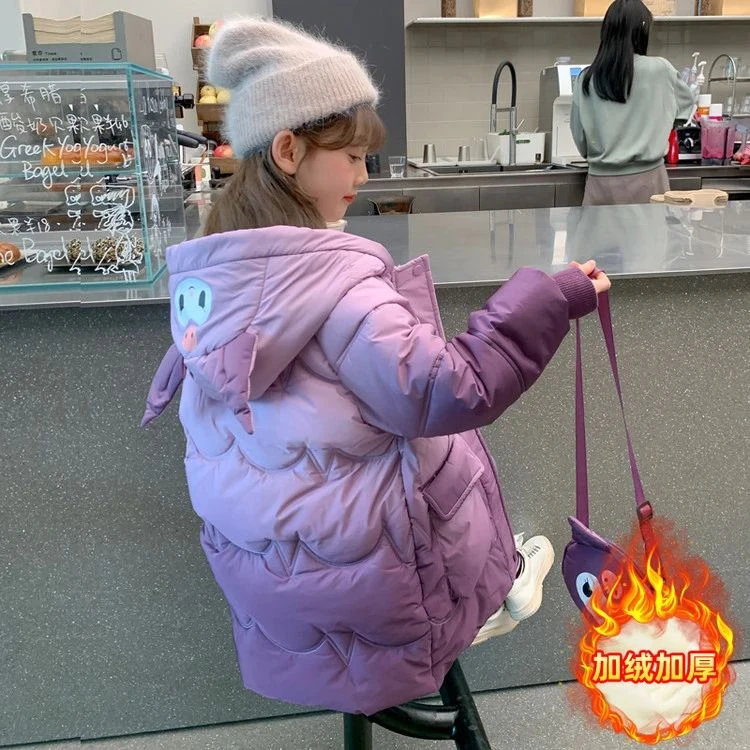 女童加绒棉服秋冬款2025新款洋气儿童冬季加厚中长款女孩棉袄外套